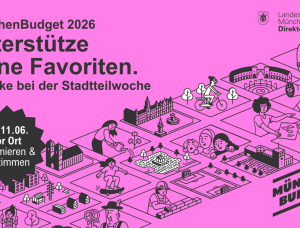 Illustration zur Bewerbung des MünchenBudgets 2026 auf rosa Hintergrund. Der Text ermutigt zum Unterstützen von Favoriten und bietet Infos zur Stadtteilwoche. Verschiedene Cartoon-Personen interagieren in einer Stadtszene, wobei ein QR-Code und ein Logo sichtbar sind.