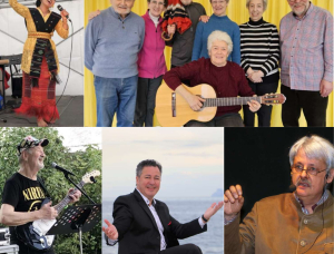 Eine Collage älterer Menschen: eine singende Frau auf der Bühne, eine Gruppe, die mit einer Gitarre posiert, ein Mann, der im Freien E-Gitarre spielt, ein Mann im Anzug, der am Meer lächelt, und ein Mann, der beim Sprechen gestikuliert.