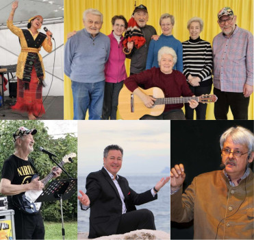 Eine Collage älterer Menschen: eine singende Frau auf der Bühne, eine Gruppe, die mit einer Gitarre posiert, ein Mann, der im Freien E-Gitarre spielt, ein Mann im Anzug, der am Meer lächelt, und ein Mann, der beim Sprechen gestikuliert.