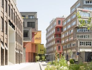 Eine moderne Stadtstraße mit mehrstöckigen Backstein- und Glasgebäuden, darunter eines mit einem gelben 