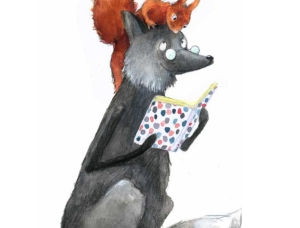 Ein schwarzer Fuchs sitzt mit großen Augen da und liest ein buntes Buch mit Punkten, während ein rotes Eichhörnchen mit buschigem Schwanz verspielt auf seinem Kopf sitzt. Beide wirken neugierig und aufmerksam.
