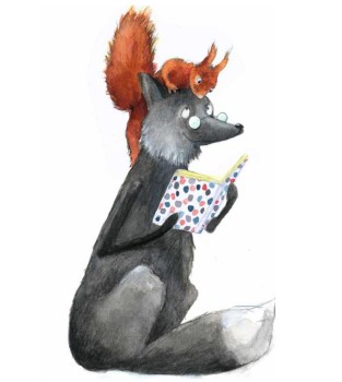 Ein schwarzer Fuchs sitzt mit großen Augen da und liest ein buntes Buch mit Punkten, während ein rotes Eichhörnchen mit buschigem Schwanz verspielt auf seinem Kopf sitzt. Beide wirken neugierig und aufmerksam.
