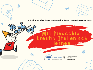 Illustration von Pinocchio, der blaue Vögel auf seiner langen Nase hält, mit deutschem Text, der übersetzt lautet: 