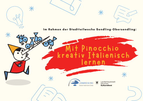 Illustration von Pinocchio, der blaue Vögel auf seiner langen Nase hält, mit deutschem Text, der übersetzt lautet: 