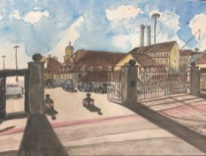 Aquarell der Münchner Großmarkthalle mit Blick auf das Eingangstor und die Hallengebäude im Hintergrund, bei teilweise bewölktem blauem Himmel. Schatten erstrecken sich über den Bürgersteig im Vordergrund.