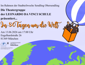 Plakat mit einem Heißluftballon, der zwei Cartoon-Kinder über einer Landkarte trägt. Es wirbt für eine Theatergruppe der Leonardo-Da-Vinci-Schule, die 