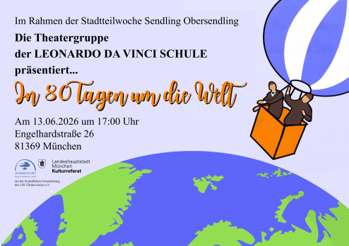 Plakat mit einem Heißluftballon, der zwei Cartoon-Kinder über einer Landkarte trägt. Es wirbt für eine Theatergruppe der Leonardo-Da-Vinci-Schule, die 