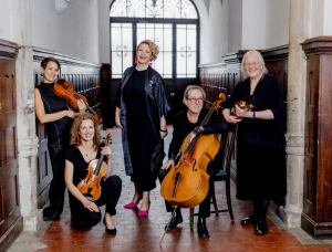 Fünf Frauen stehen und sitzen in einem holzgetäfelten Flur und halten Streichinstrumente, darunter Geigen, eine Bratsche und ein Cello. Sie lächeln und sind schwarz gekleidet, eine Frau steht in der Mitte und trägt ein Kleid und rosa Schuhe.