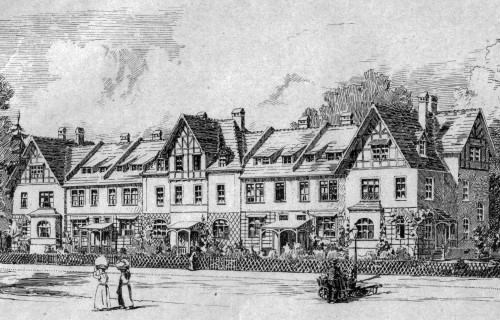 Eine Schwarzweiß-Illustration einer Reihe von Häusern im viktorianischen Stil mit Satteldächern, Schornsteinen und eingezäunten Gärten; zwei Frauen und ein Kind stehen auf der Straße davor.