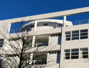Ein modernes weißes Gebäude mit großen Fenstern und geometrischen architektonischen Merkmalen ist vor einem klaren blauen Himmel zu sehen, mit blattlosen Baumzweigen im Vordergrund.