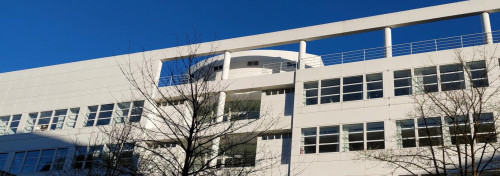 Ein modernes weißes Gebäude mit großen Fenstern und geometrischen architektonischen Merkmalen ist vor einem klaren blauen Himmel zu sehen, mit blattlosen Baumzweigen im Vordergrund.