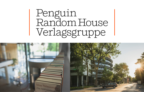 Das Logo der Penguin Random House Verlagsgruppe über zwei Bildern: ein Bild von Büchern, die in einem Regal aufgereiht sind, und ein anderes von einem modernen Gebäude an einer von Bäumen gesäumten Straße in hellem Sonnenlicht.