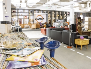 Ein moderner, geräumiger Raum mit Bücherregalen und Dekoartikeln, einem Loungebereich mit Sofas und einem Tisch mit Schallplatten im Vordergrund. Zwei blaue Barhocker stehen in der Nähe der Schallplatten.