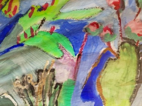 Abstraktes Aquarell mit großen grünen Blättern, roten Blüten und kräftigen blauen Akzenten. Die Pinselstriche sind locker und ausdrucksstark und schaffen eine lebendige, von der Natur inspirierte Komposition.