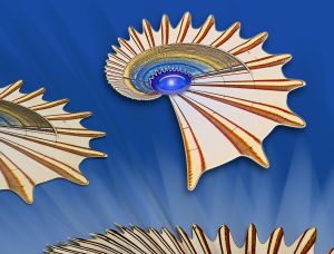 Abstraktes Bild von drei spiralförmigen, muschelähnlichen Formen mit strahlenförmigen orangefarbenen und braunen Linien, einem blauen ovalen Zentrum und einem leuchtend blauen Hintergrund mit hellen Streifen, die eine dynamische und energiegeladene Komposition ergeben.