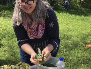 Eine lächelnde Frau mit grauem Haar und Brille steht draußen an einem Tisch und hält Grünzeug in der Hand. Auf dem Tisch stehen Teller mit Grünzeug und Blumen, eine Schale und Wasserflaschen. Im Hintergrund sind Bäume und Gras zu sehen, hinter denen eine weitere Person geht.