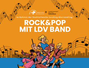 Illustriertes Plakat mit einer Cartoon-Band, die Instrumente spielt, umgeben von Musiknoten. Der Text in Deutsch lautet: 