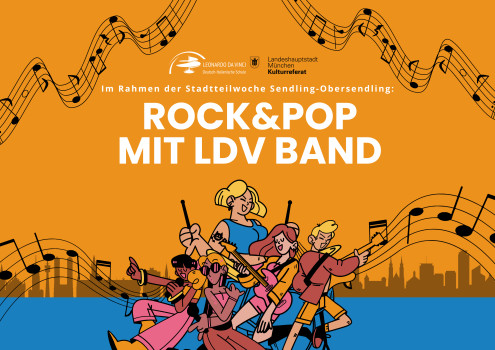 Illustriertes Plakat mit einer Cartoon-Band, die Instrumente spielt, umgeben von Musiknoten. Der Text in Deutsch lautet: 