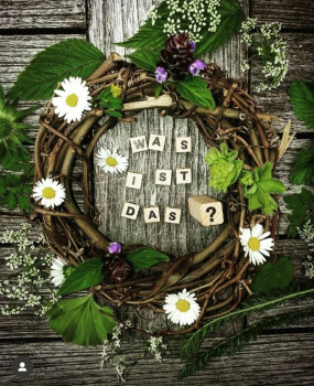 Ein Kranz aus Zweigen, grünen Blättern und weißen Gänseblümchen ist auf einer Holzfläche arrangiert. In der Mitte stehen Scrabble-Kacheln mit der Aufschrift 