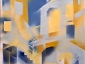 Abstraktes Gemälde von Gebäuden mit Bögen und Fenstern in sanften Gelb-, Weiß- und Blautönen, das vor blauem Hintergrund eine verträumte, ätherische Stadtlandschaft erzeugt. Formen sind verschwommen und Kanten undefiniert.