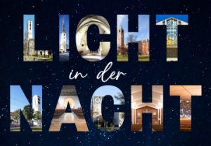 Postkarte mit Bildercollage der Kirchen des Pfarrverbandes Laim und der Beschriftung "Licht in der Nacht"